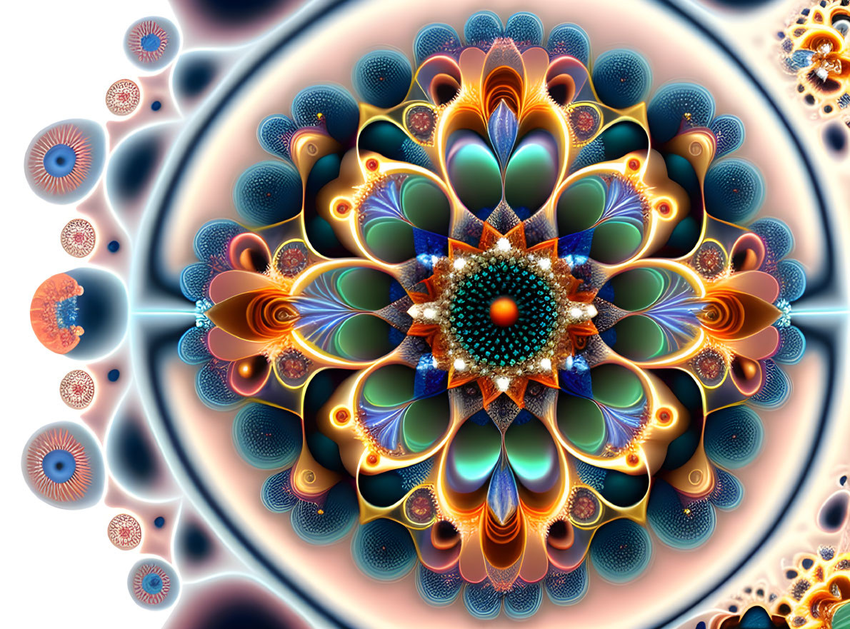 Circular Blue, Orange, and White Fractal Flower Pattern