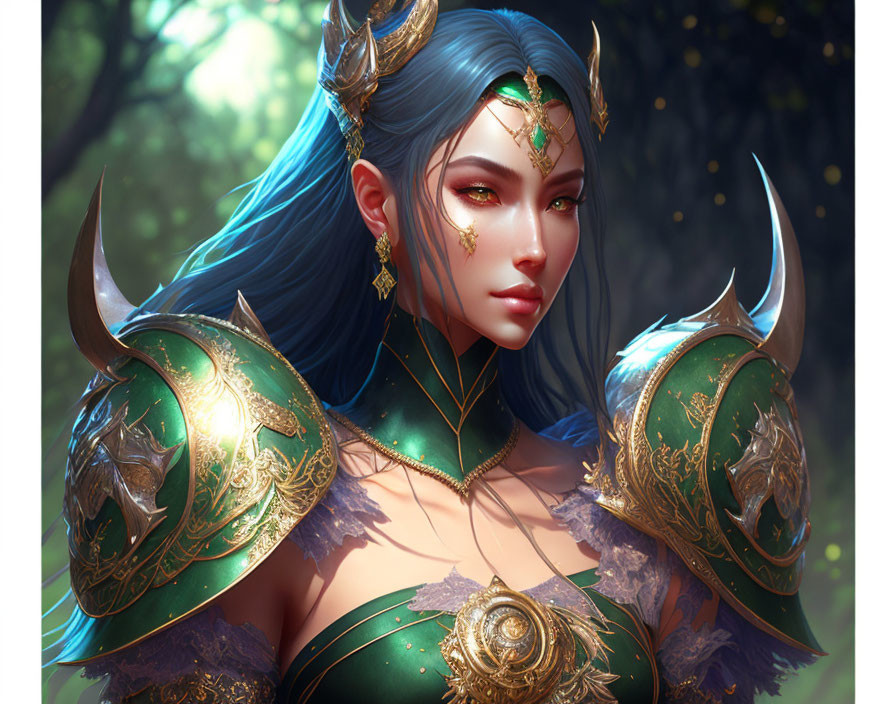 Fantasy Artwork: Female Character with Blue Hair in Golden Armor in Forest Setting