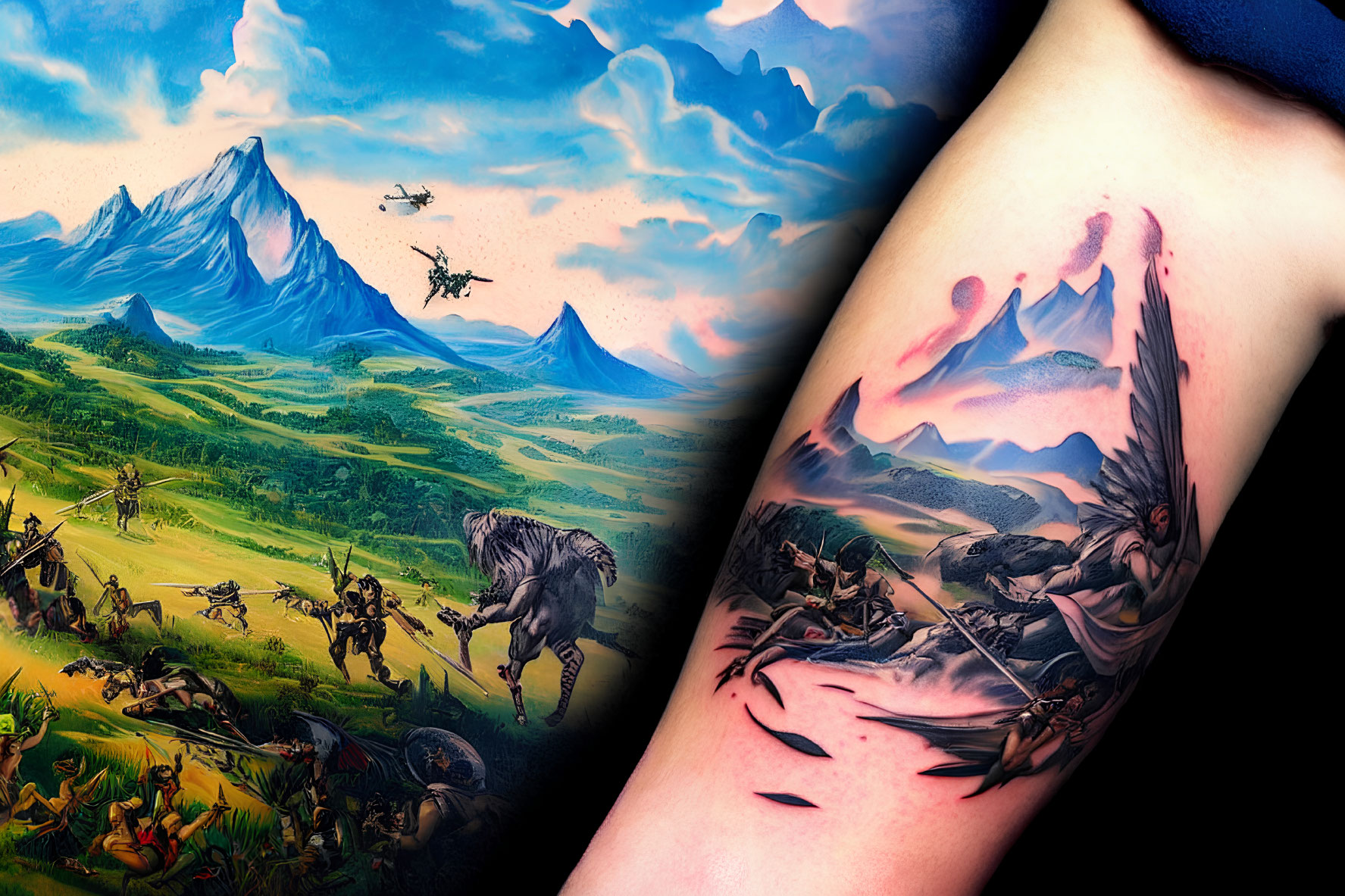 Colorful fantasy battle scene tattoo sleeve with warriors and mythical creatures in mountainous backdrop