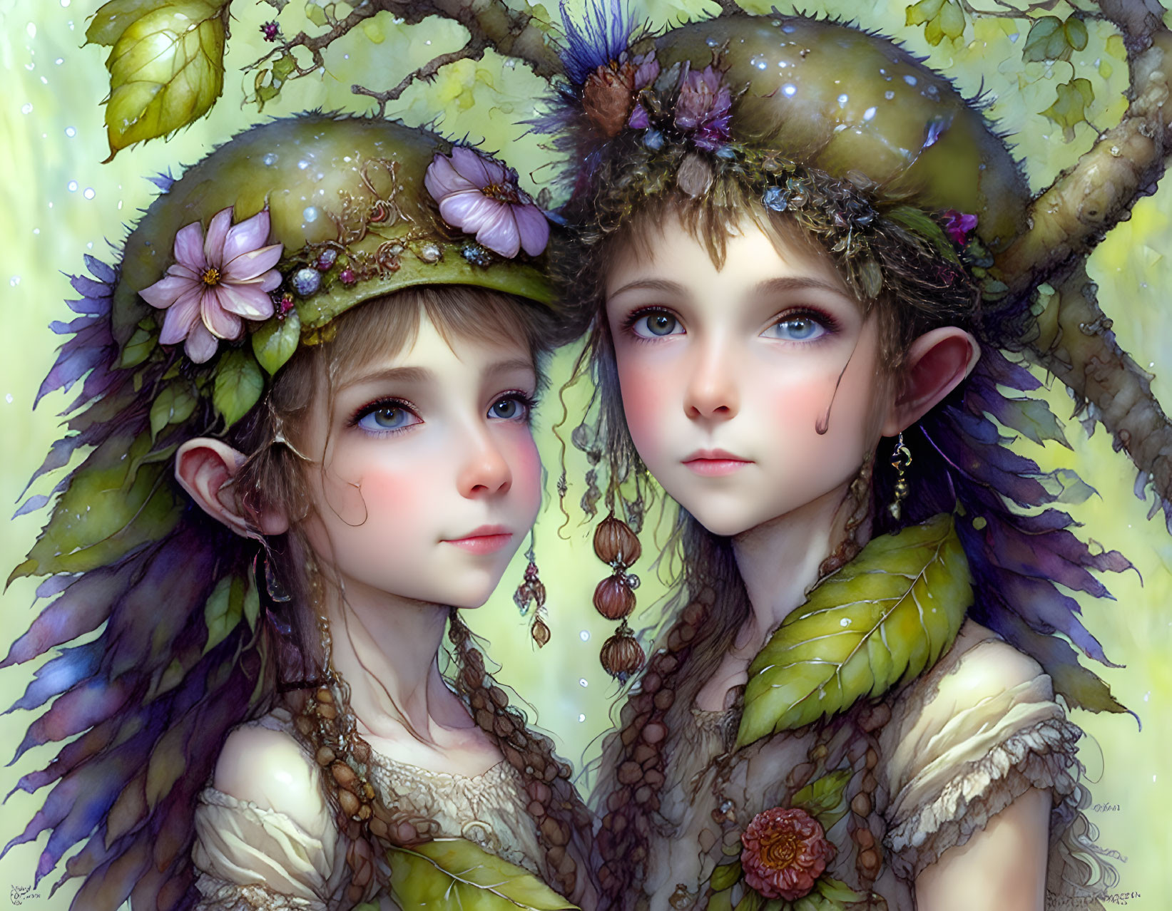 Ethereal beings with pointed ears in leafy headpieces on green background