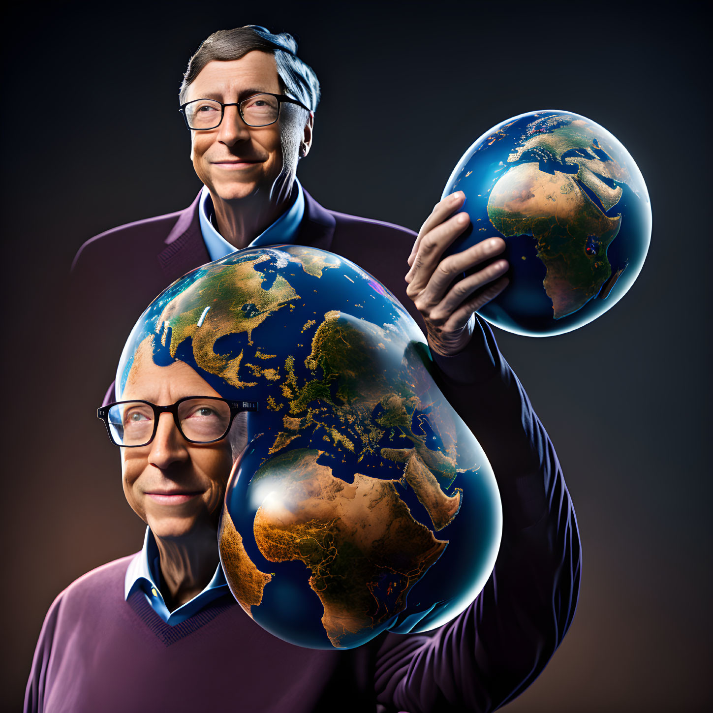 Smiling person in glasses holding globes on dark background