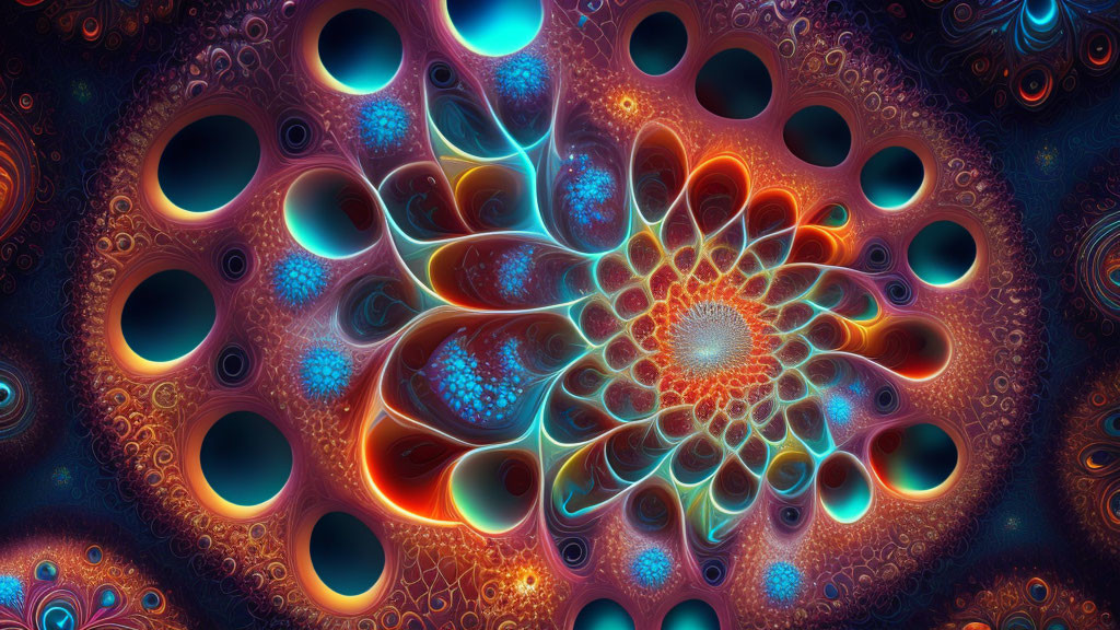 Colorful Fractal Art with Spiraling Pattern and Circular Designs