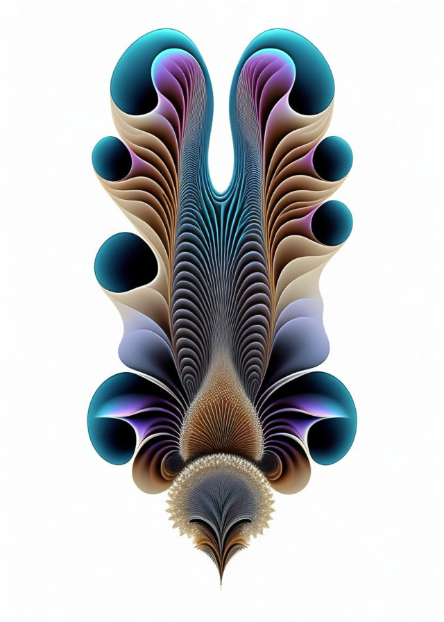 Symmetrical abstract fractal art: spirals, curves in blue, brown, purple on light background