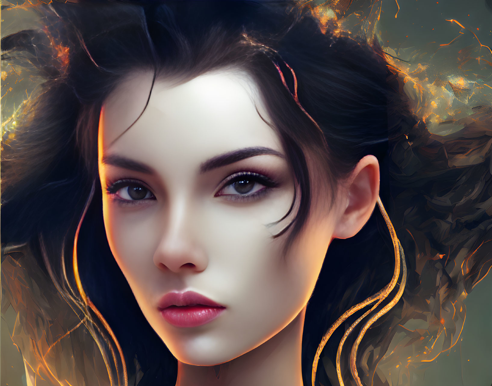 Digital artwork of a woman with dark hair against abstract fiery background