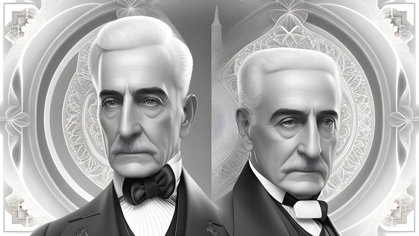 Symmetrical Historical Male Figures in Formal Attire on Ornate Background