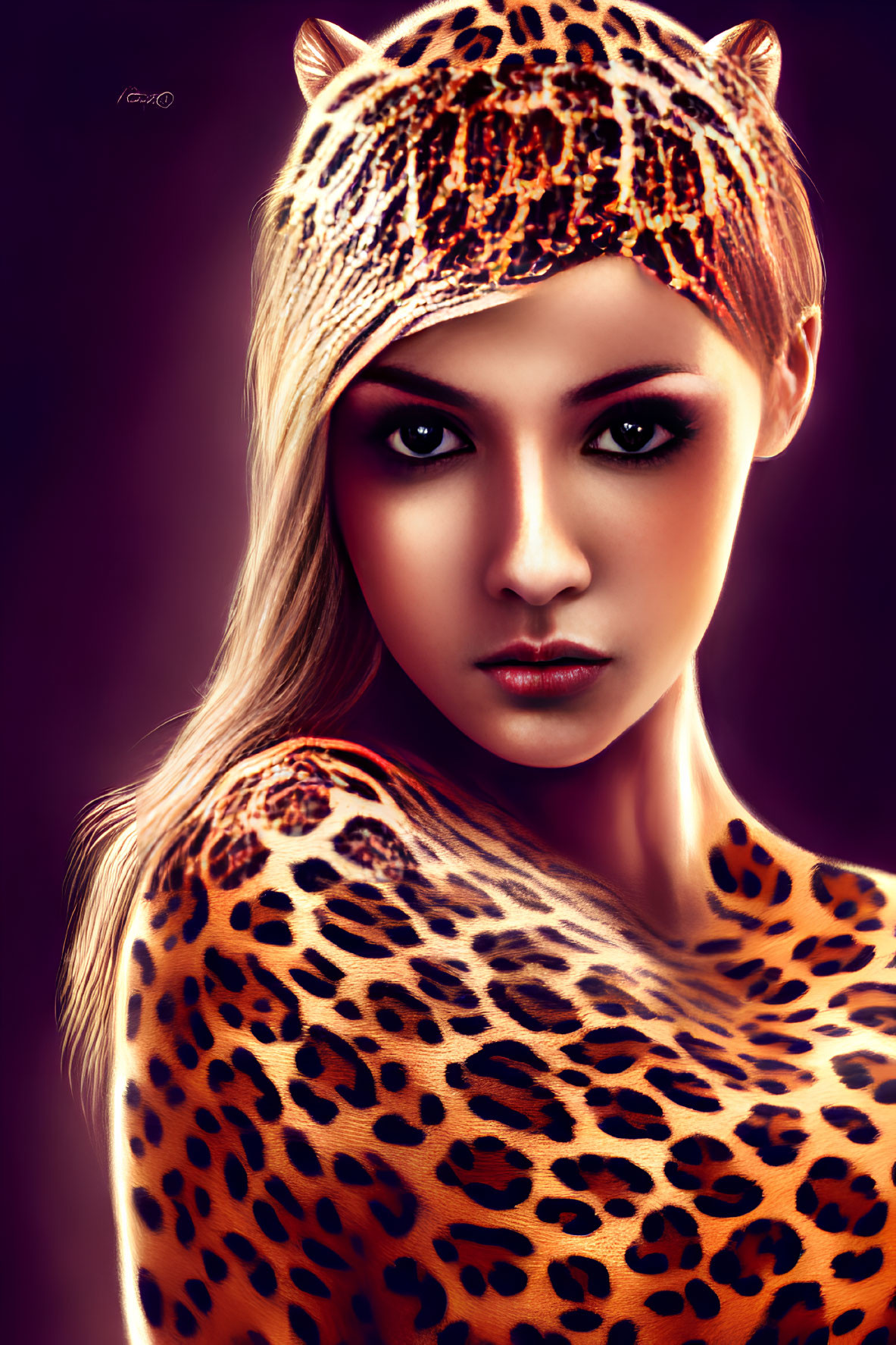 Digital Artwork: Woman with Leopard Print Skin and Striking Eyes