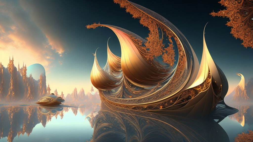 Golden fractal structures in surreal landscape under orange sky