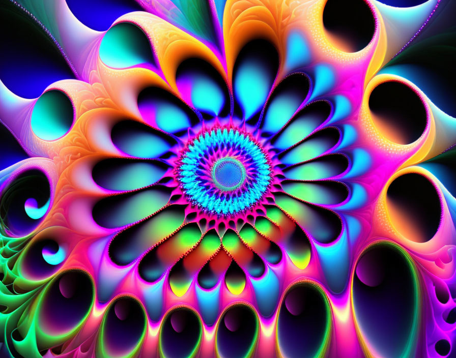 Colorful Kaleidoscopic Fractal Art: Central Spiral with Neon Petal-like Loops