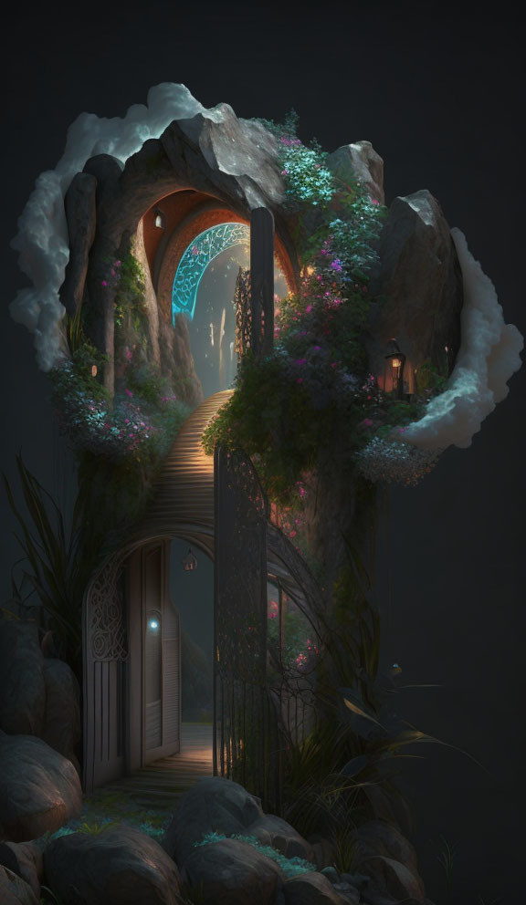 Mystical Treehouse with Glowing Flowers and Lantern-lit Entrance