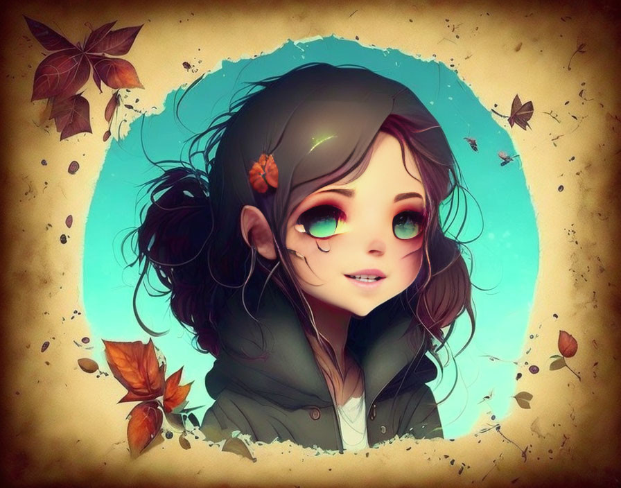 Girl with Green Eyes and Dark Hair in Autumn Setting on Golden Background