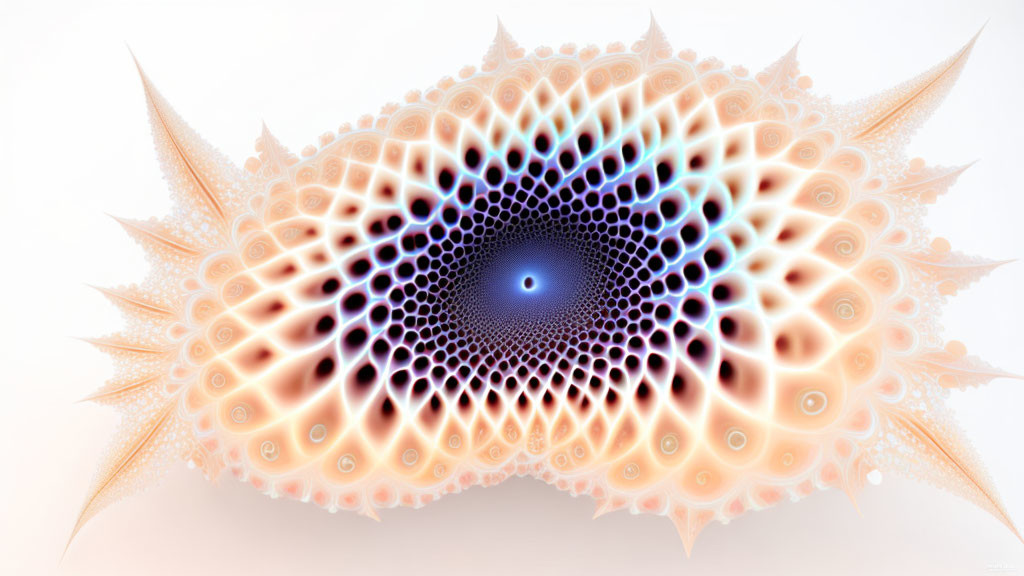 Symmetrical fractal eye design in blue, purple, and orange on light background