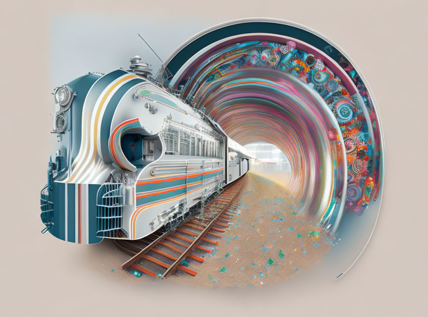 Colorful surreal train interior illustration with abstract elements in circular perspective