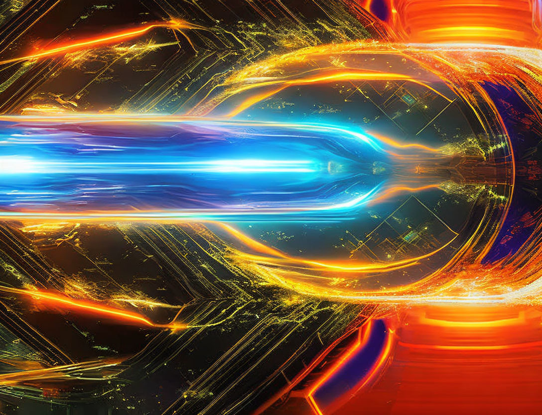 Dynamic Blue Cylindrical Shape Surrounded by Orange and Golden Streaks