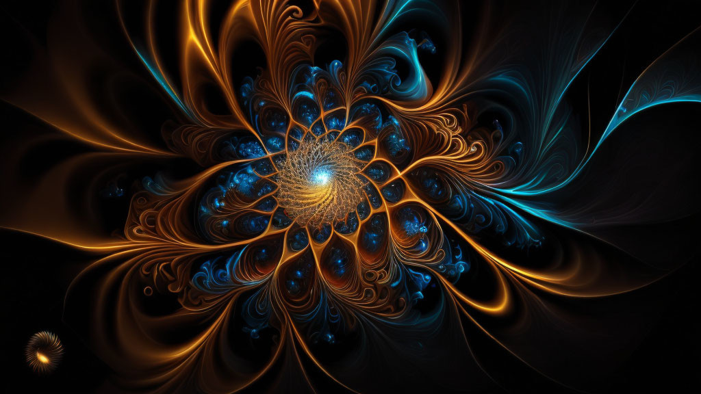 Intricate Blue and Orange Fractal Image of Abstract Flower