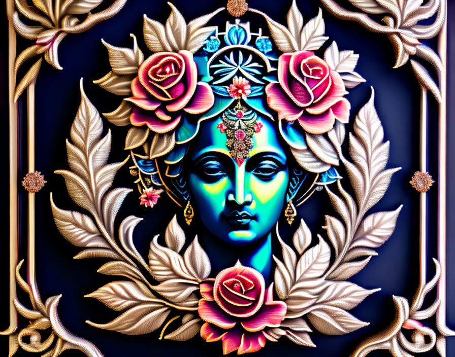 Serene female face with traditional ornaments in vibrant digital artwork