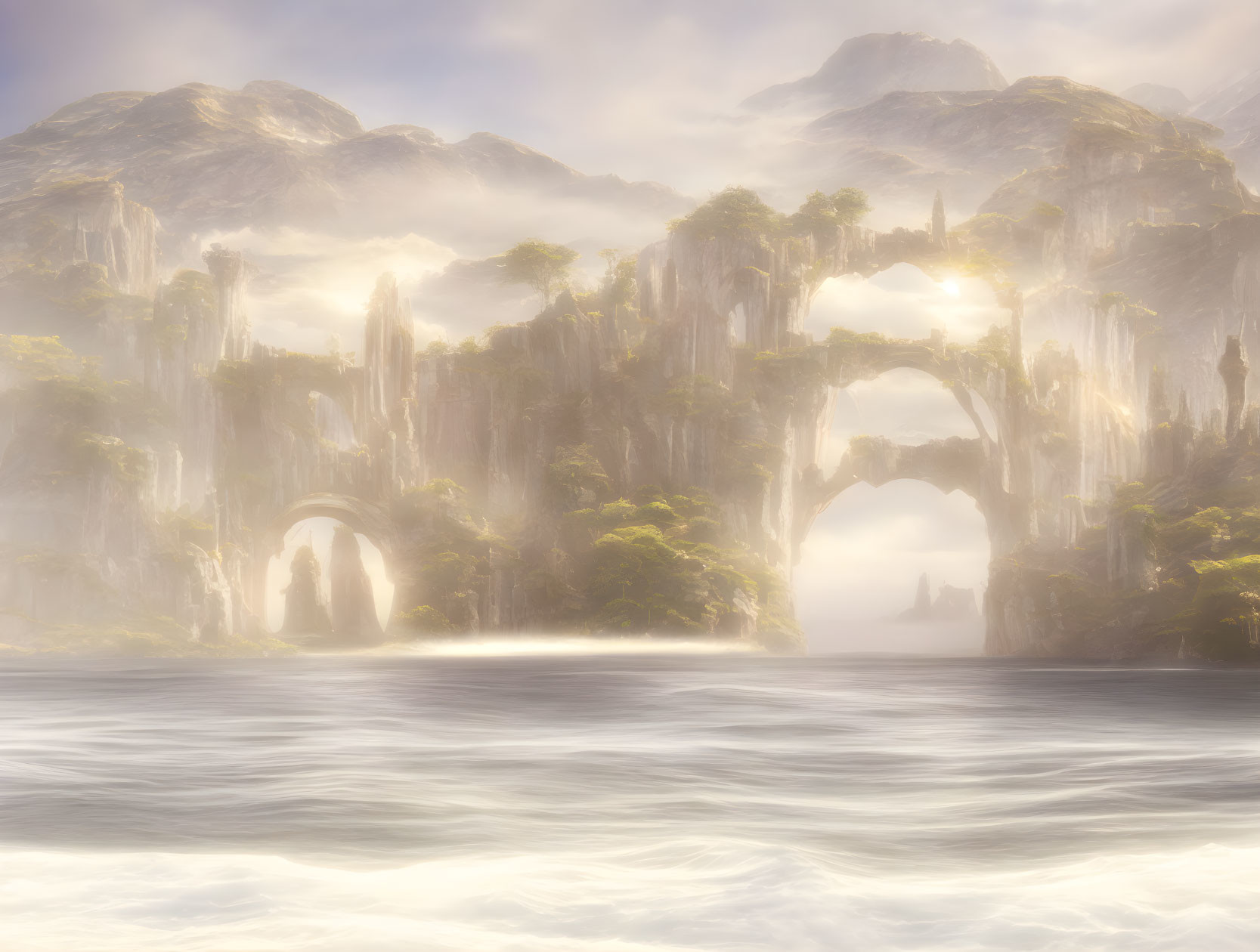 Mystical landscape with rocky mountains, waterfalls, and serene river