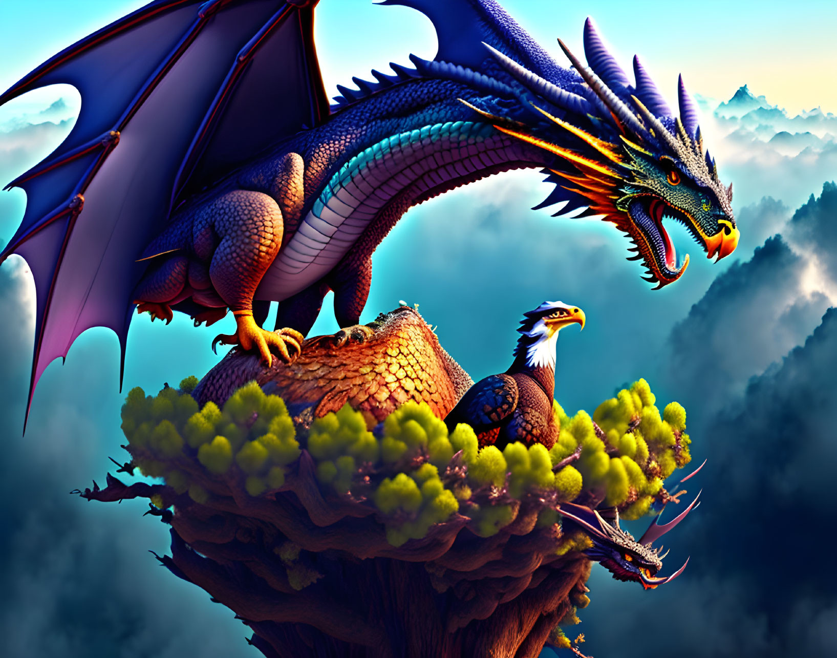 Blue-scaled dragon and eagle on tree in misty mountain landscape