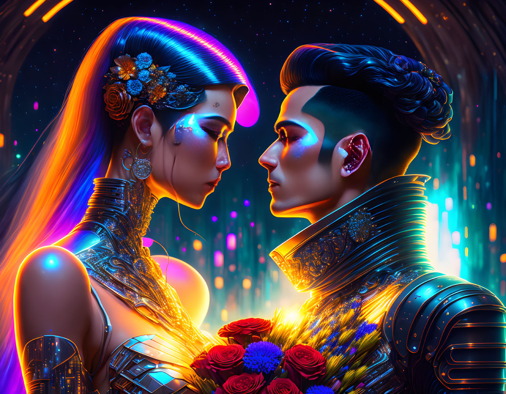 Futuristic couple with cybernetic enhancements and roses in neon-lit setting