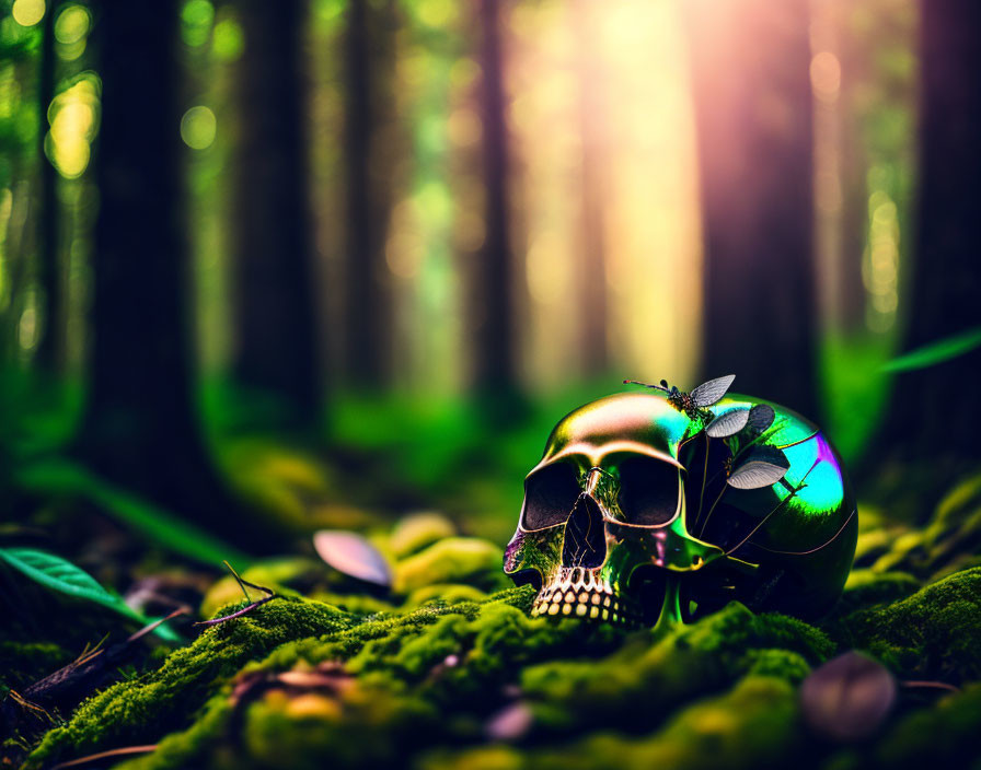 Metallic Skull with Rainbow Sheen and Iridescent Beetle in Sunlit Forest