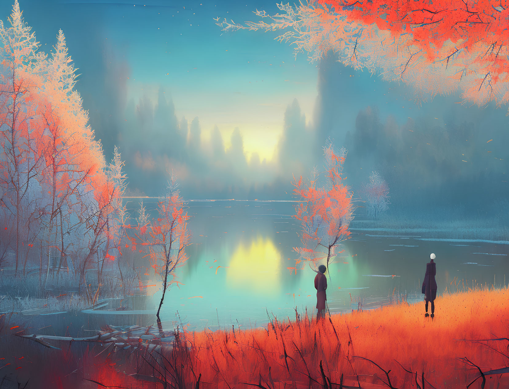 Tranquil lake scene with two individuals and vibrant red foliage