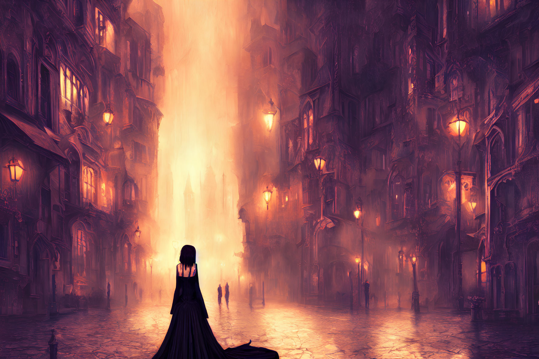 Woman in black gown gazes at silhouetted figures in misty, neon-lit go