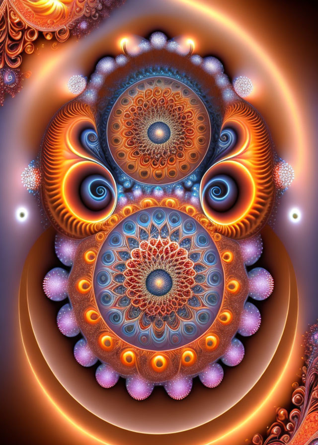 Colorful Digital Fractal Art: Orange, Blue, and Purple Circular Patterns