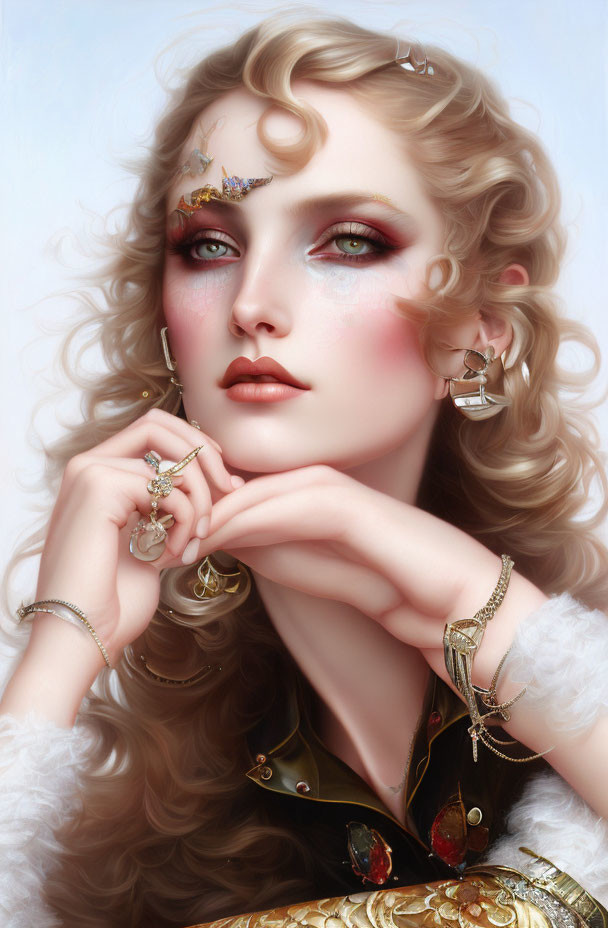 Illustrated woman with curly blonde hair and intricate jewelry posing elegantly.