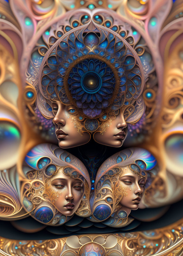 Symmetrical ornate female faces with mandala patterns in jewel tones