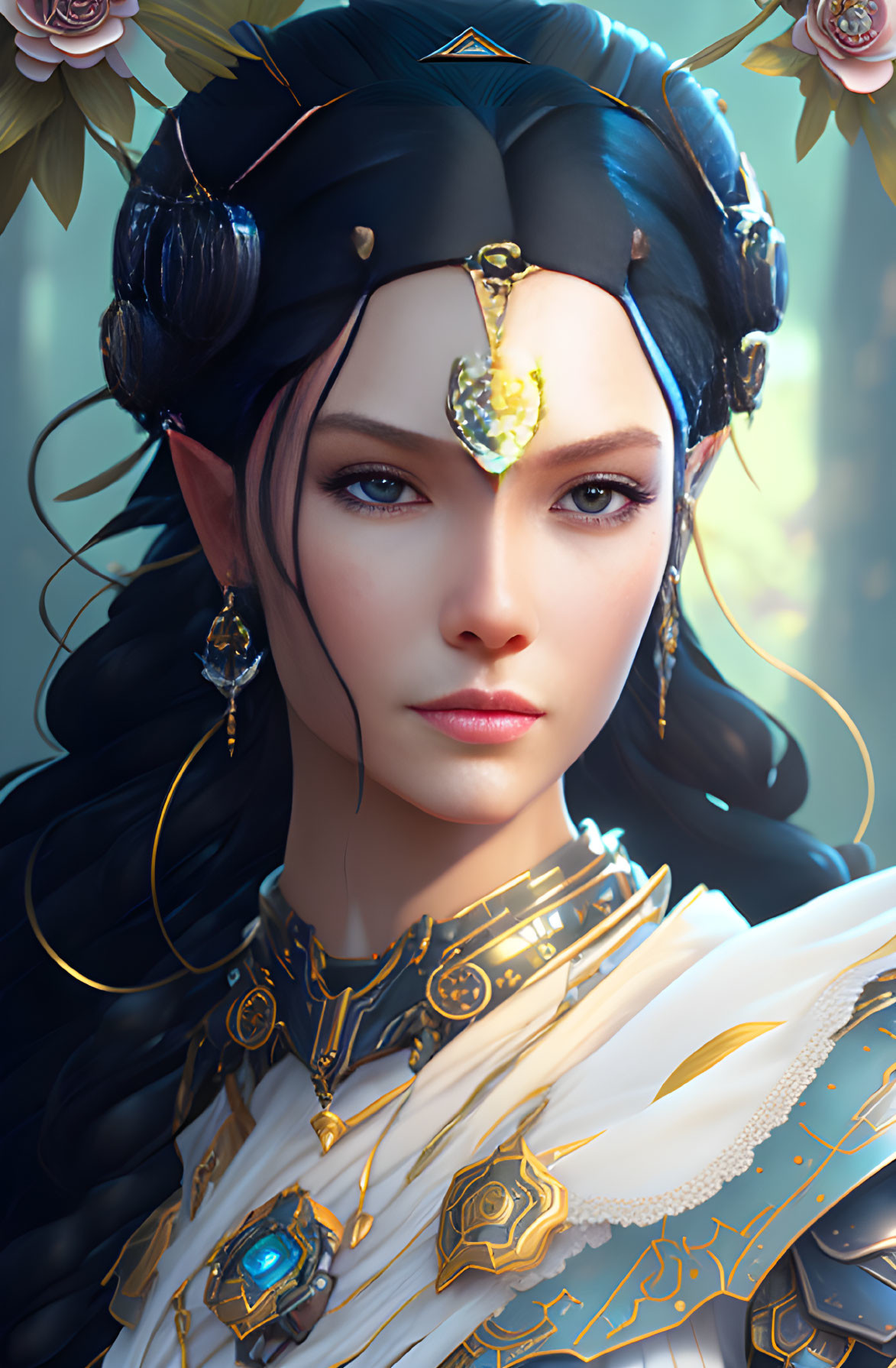 Elf woman digital artwork with gold jewelry, blue gem, and floral crown