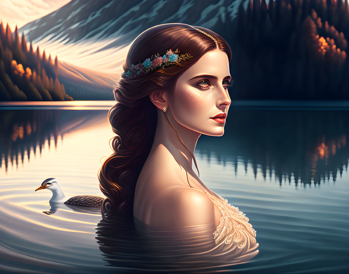 Illustrated woman with floral headpiece by mountain lake and seagull.