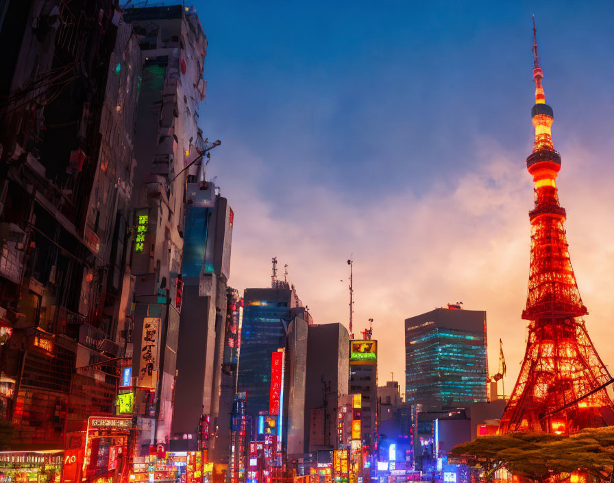 Neon-lit Tokyo Tower in red against dusk cityscape