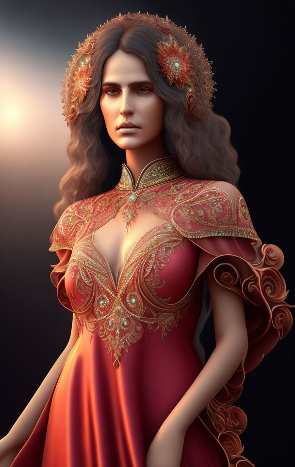 Detailed illustration of woman with long hair, golden headpiece, red dress on dark background