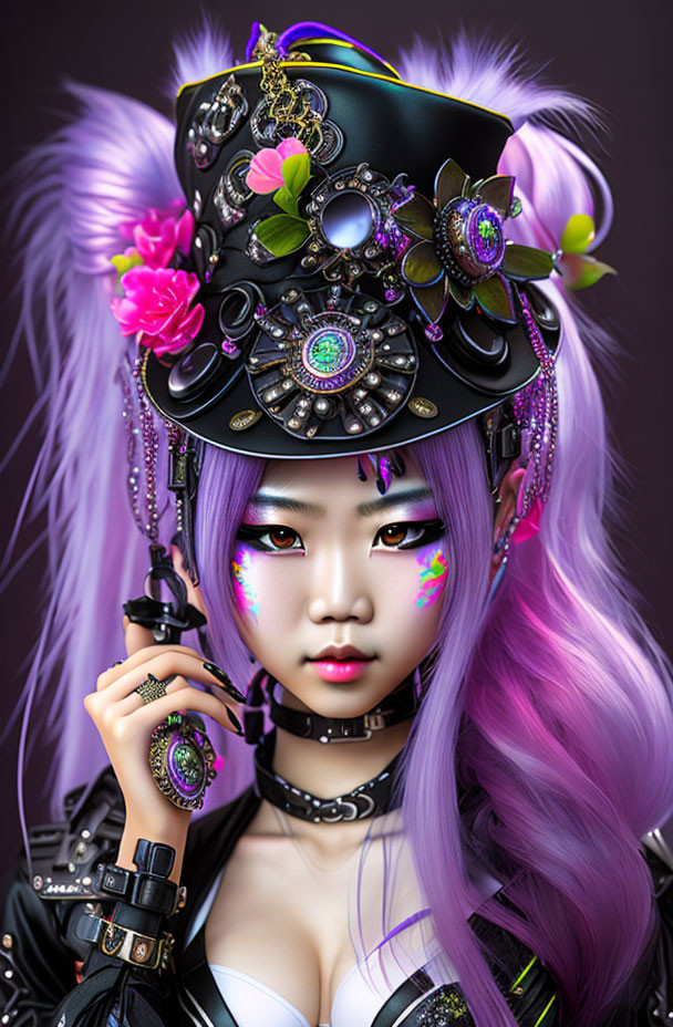 Vibrant purple hair woman in elaborate black hat with gemstone accents