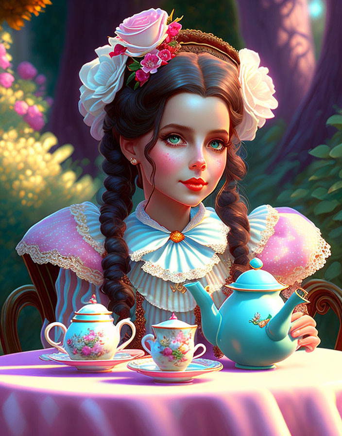 Illustrated girl in braided hair and Victorian attire in whimsical garden scene