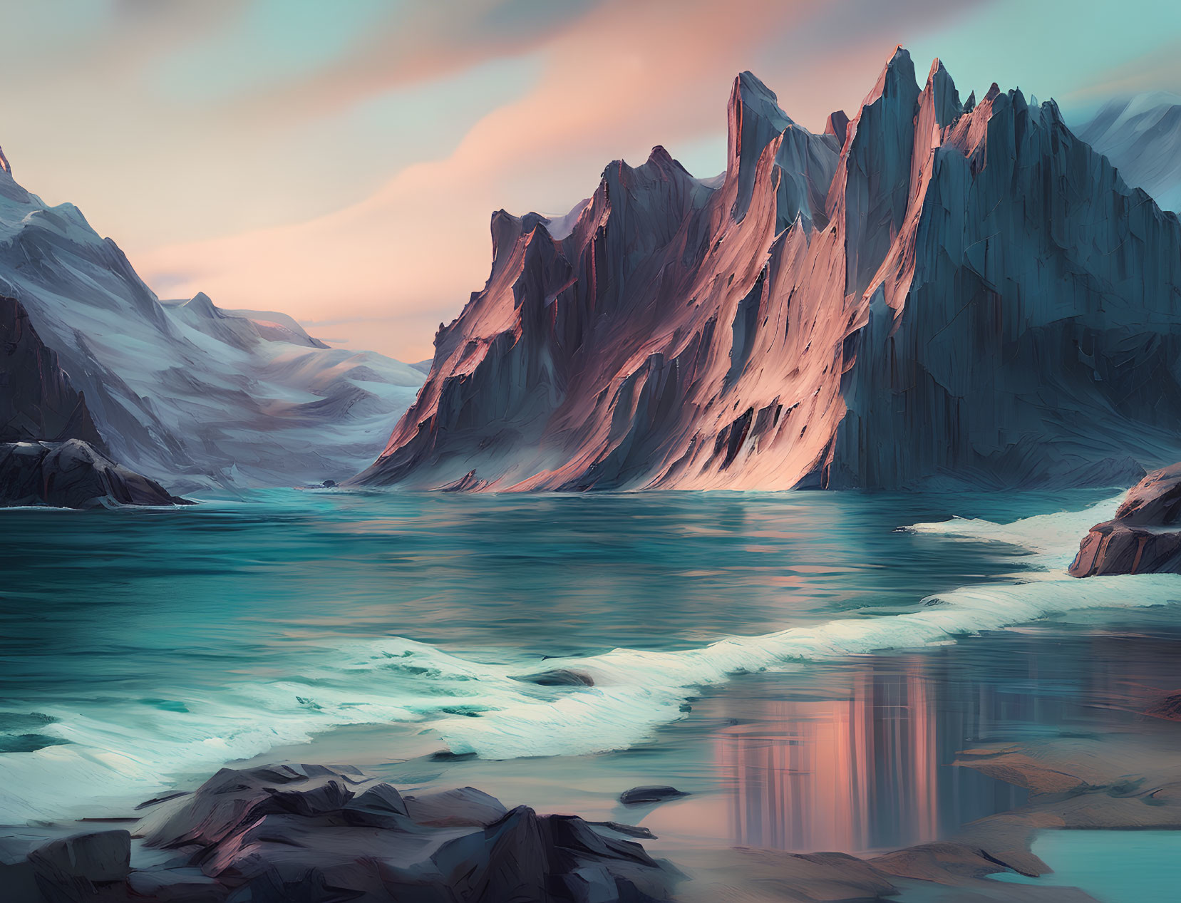 Tranquil digital painting of majestic mountain peaks by calm turquoise waters