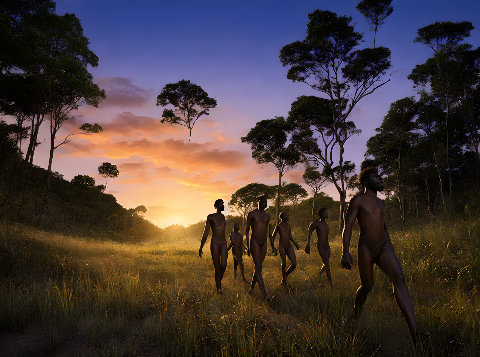 Group of people walking in grassy savanna at sunrise or sunset