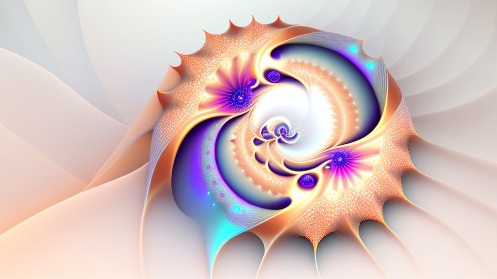 Gold and White Fractal Art: Abstract Spiraling Pattern in Blue and Purple