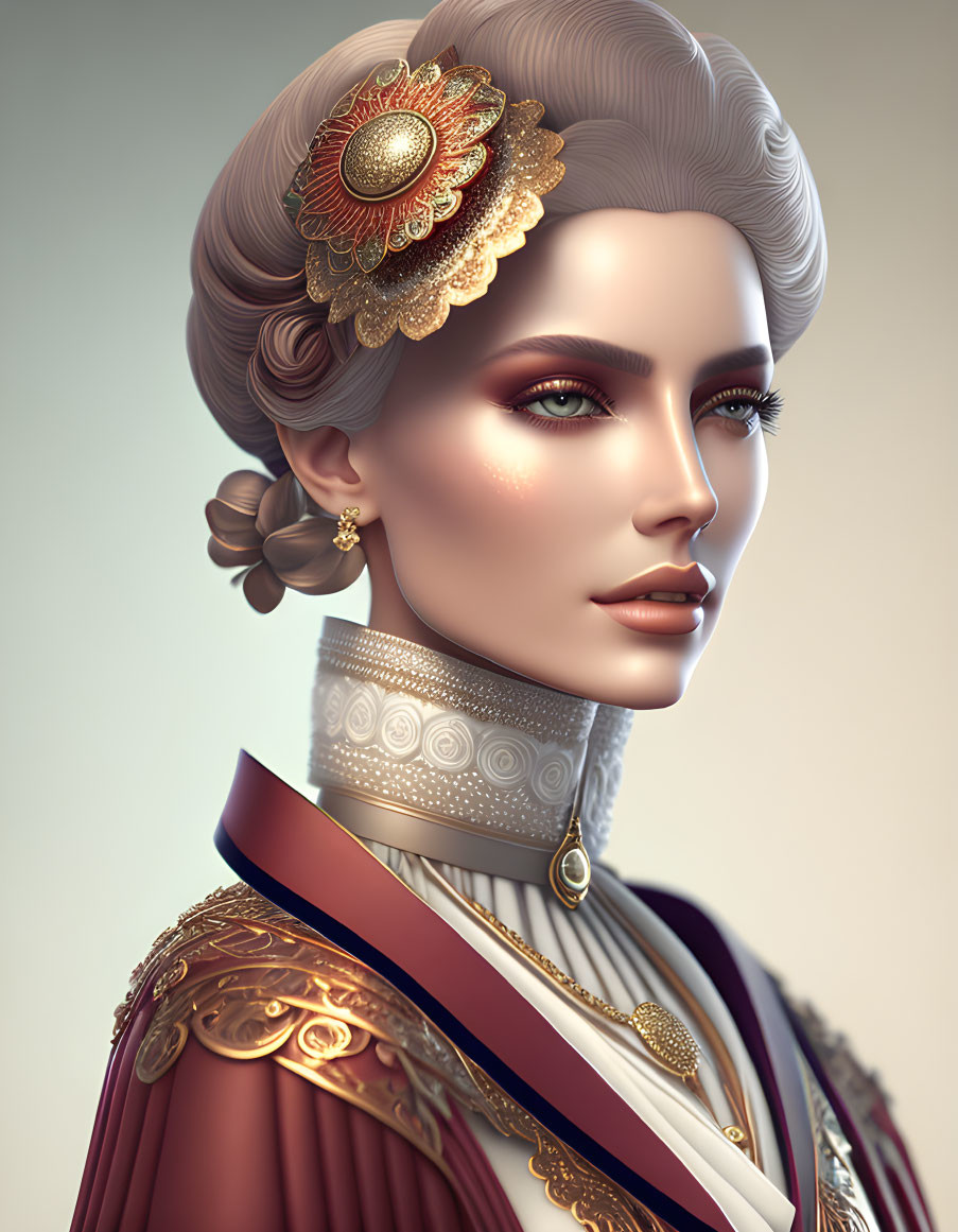 Digital portrait of woman in Victorian-era attire with elaborate hair accessories