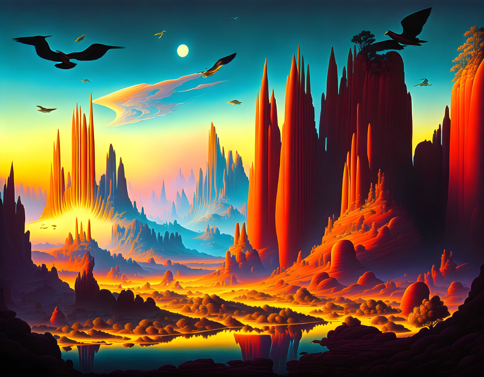 Fantastical landscape with red spires, blue mist, and moonlit sky