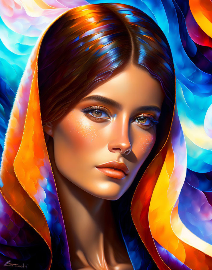 Vibrant digital portrait of a woman with striking blue eyes and radiant skin