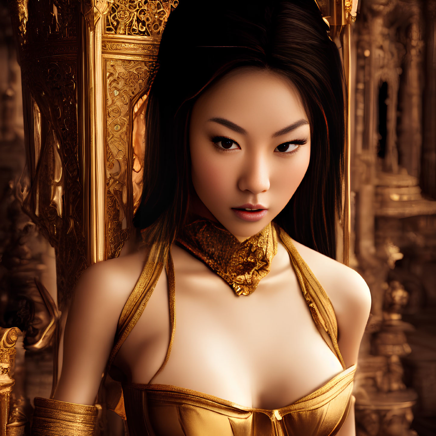 Woman in Golden Attire with Ornate Background and Accessories