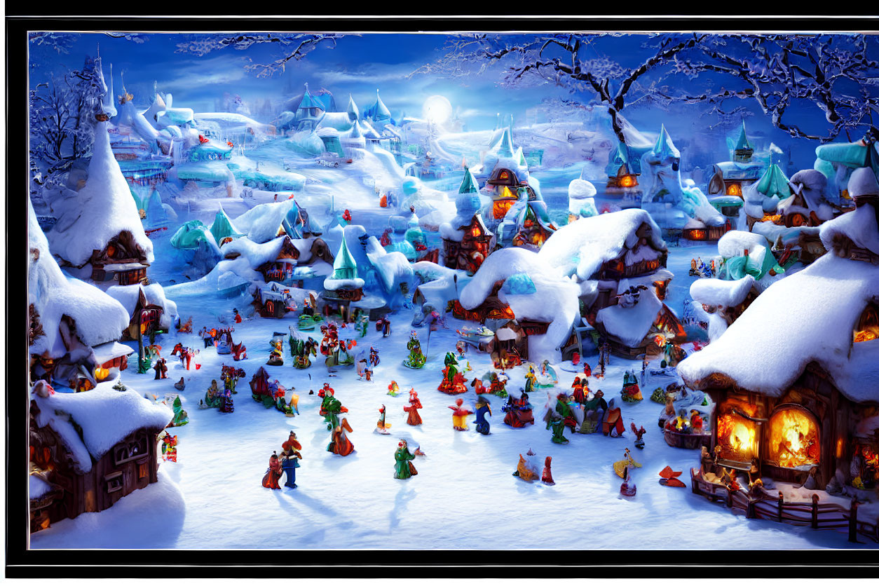 Snow-covered winter village with colorful houses and ice-skating figures.