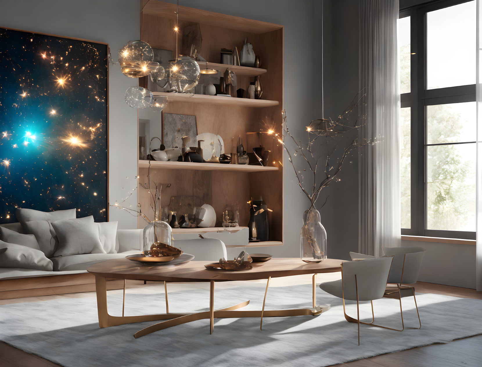 Stylish furniture and cosmic-themed painting in modern dining room