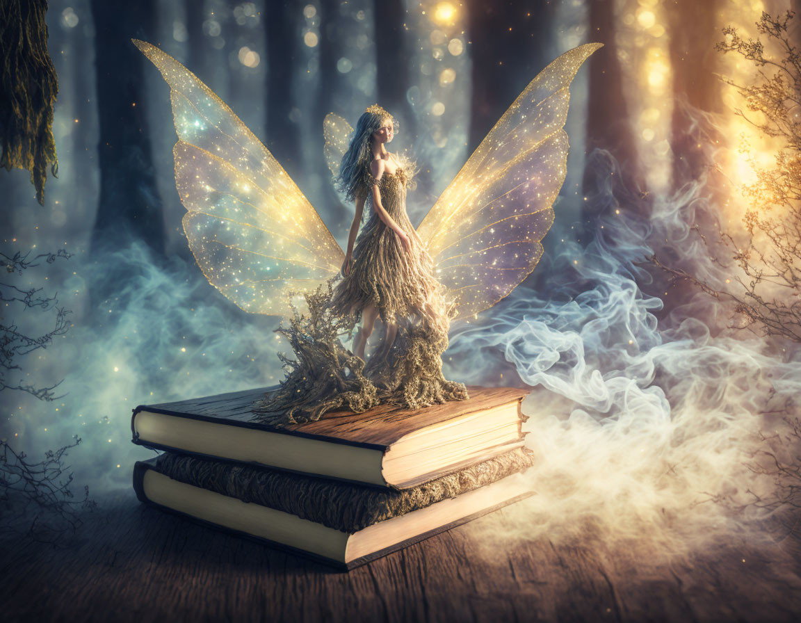 Translucent winged fairy figure on open book in mystical forest