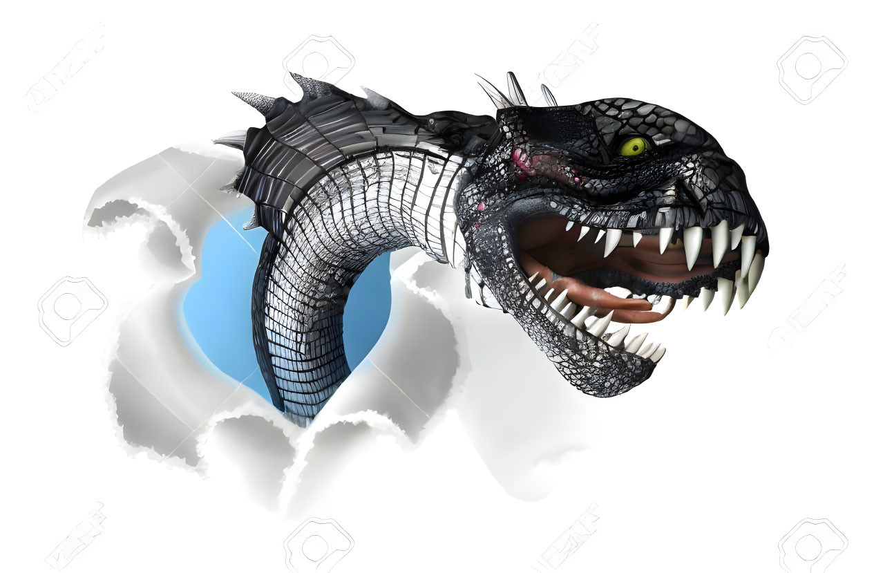 Dragon bursting through white paper background with head and neck visible.