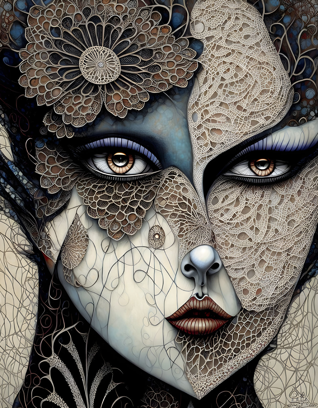 Detailed illustration of woman's face with intricate lace patterns and mesmerizing blue eyes beneath ornate floral designs