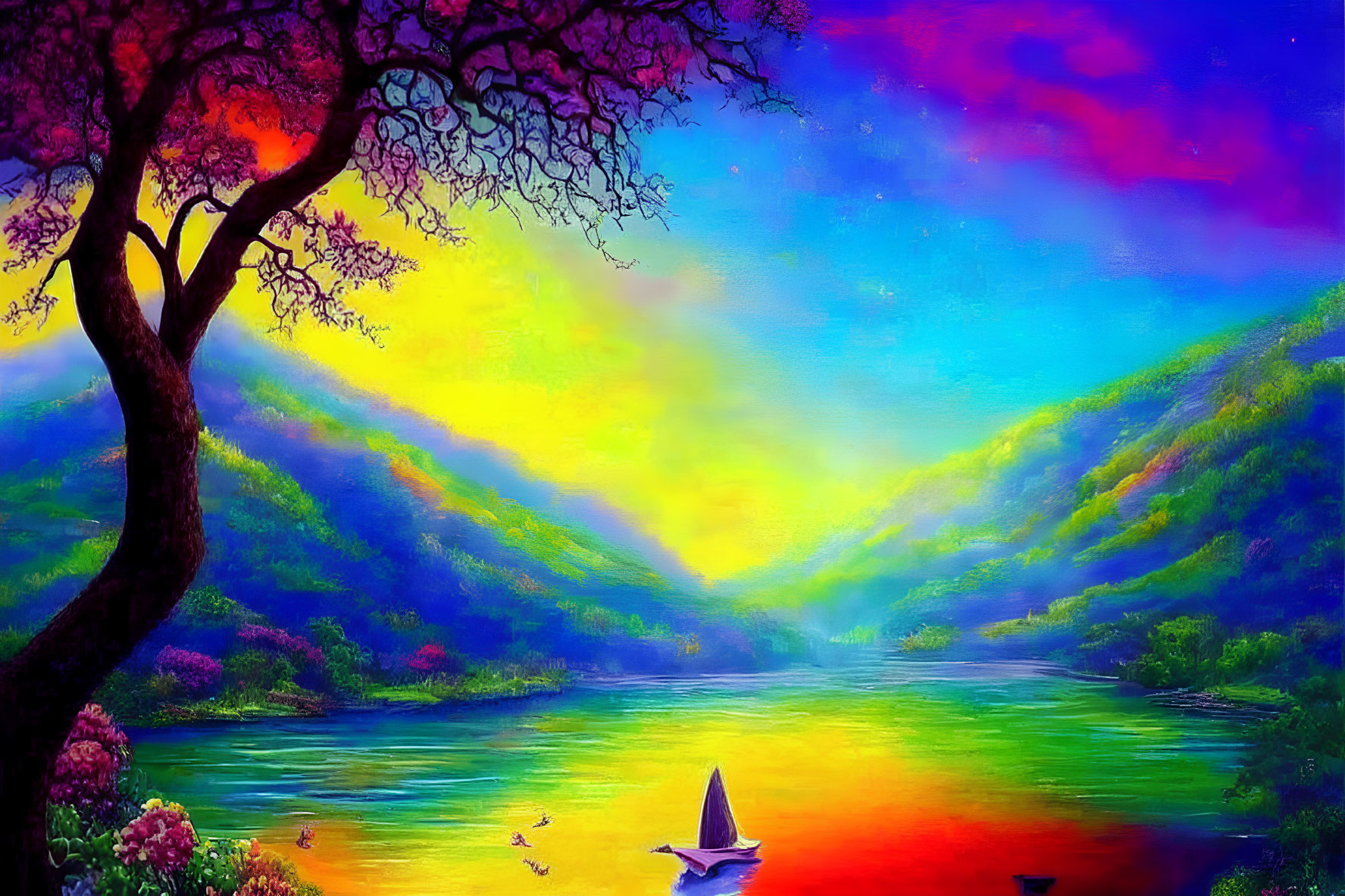 Colorful Sky, Serene River, Blooming Flowers: Vibrant Landscape Scene