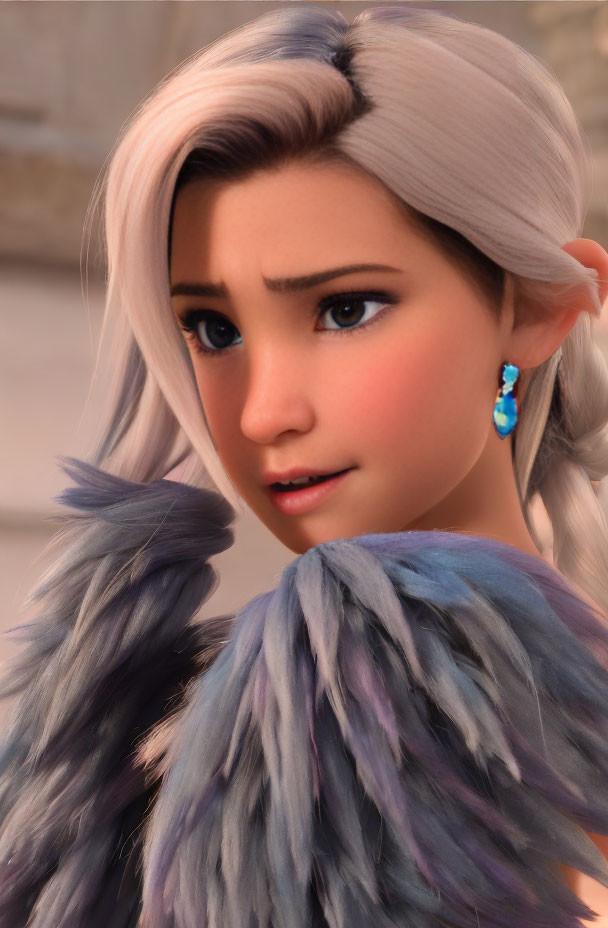 Silver-haired woman in blue earring and feathered garment gazes back.