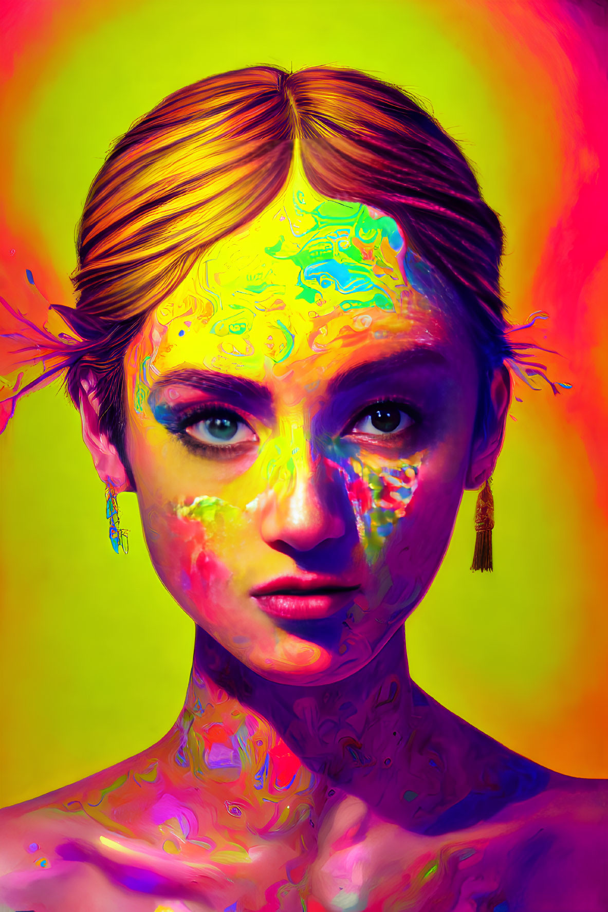 Colorful woman with paint on face and body against gradient background.