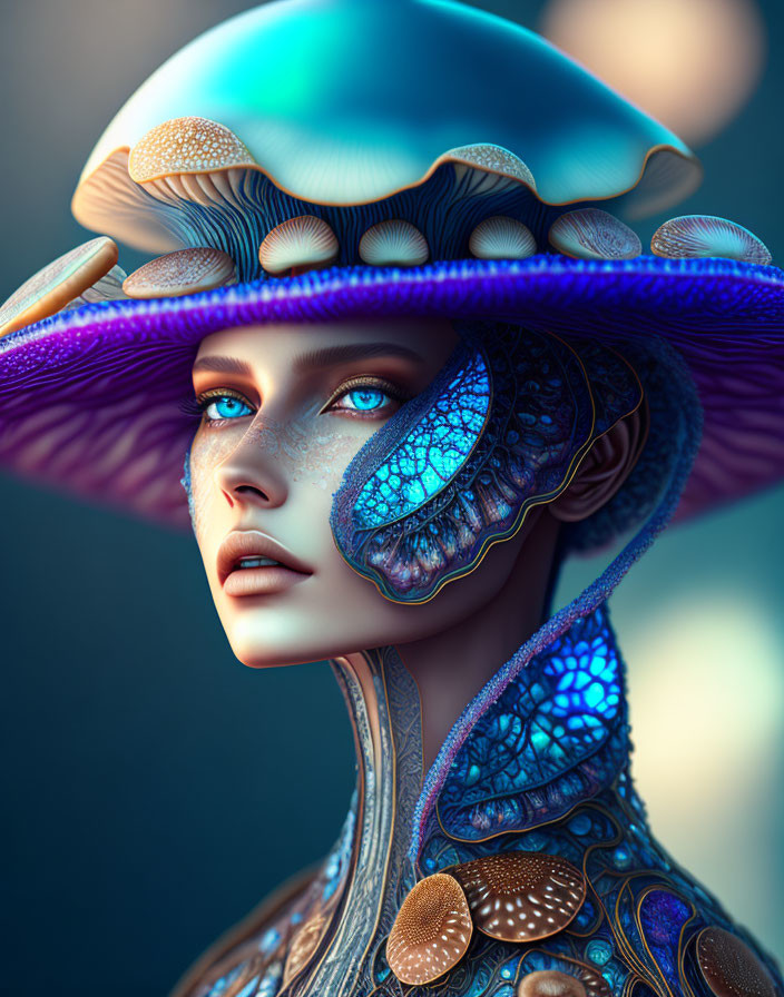 Fantastical portrait of female figure with mushroom cap headpiece and vibrant eyes